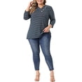 thumbnail image 2 of Blusa casual elegante de rayas de tamaño grande para mujer Agnes Orinda, con mangas 3/4, cuello asimétrico, camiseta de moda 3X en azul oscuro, 2 of 6