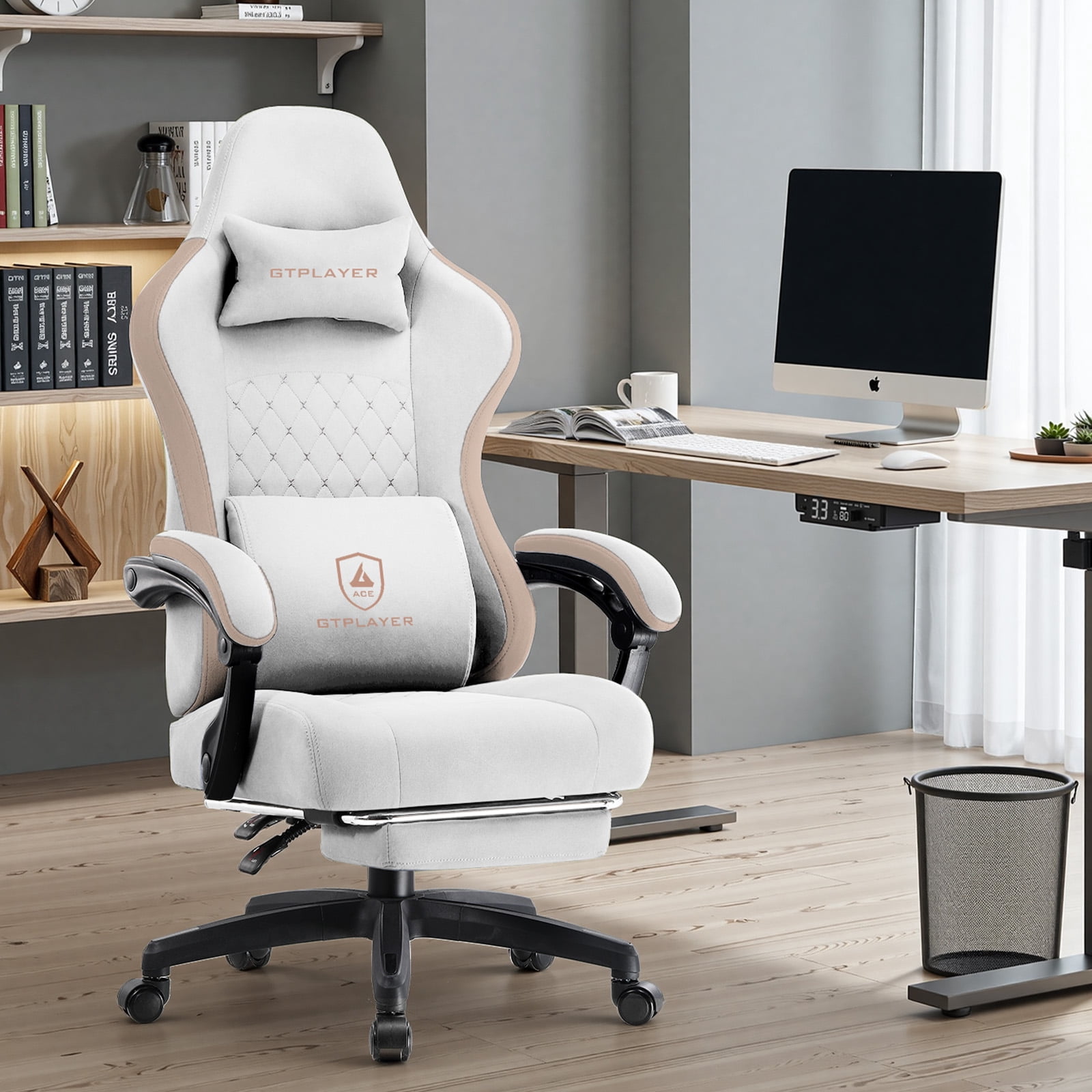 GTPLAYER Ergonomic High Back Pocket Spring Cushion Gaming Chair with Footrest & Linkage Armrests, Ivory