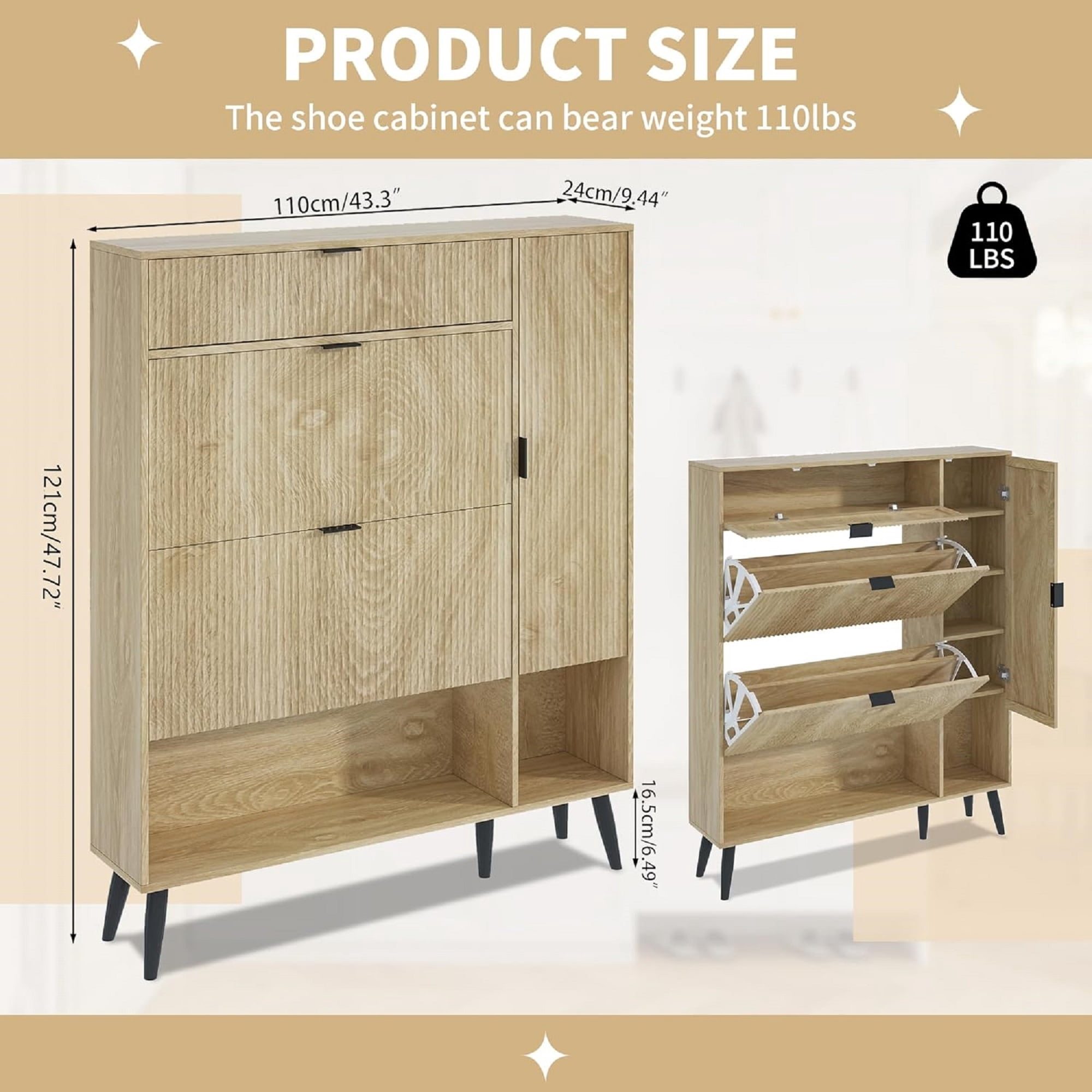 Furtivusia Shoe Storage Cabinet with 2 Flip Drawers, Freestanding Shoe Rack Shoe Cabinet for Entryway, Shoe Rack Organizer for Living Room, Wood Color