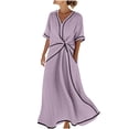 thumbnail image 2 of Gamivast Dresses for Women Linen Short Sleeve V-Neck Twist Front Maxi Dress Loose Fit A-Line Long Dress with Pockets Casual Resort Vacation Beach Dress Purple L, 2 of 6