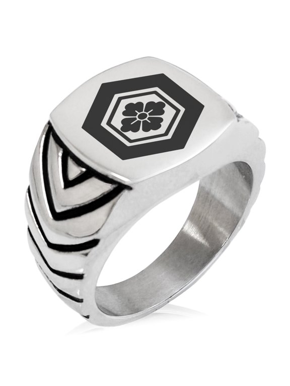 Stainless Steel Naoe Samurai Crest Chevron Pattern Biker Style Polished Ring