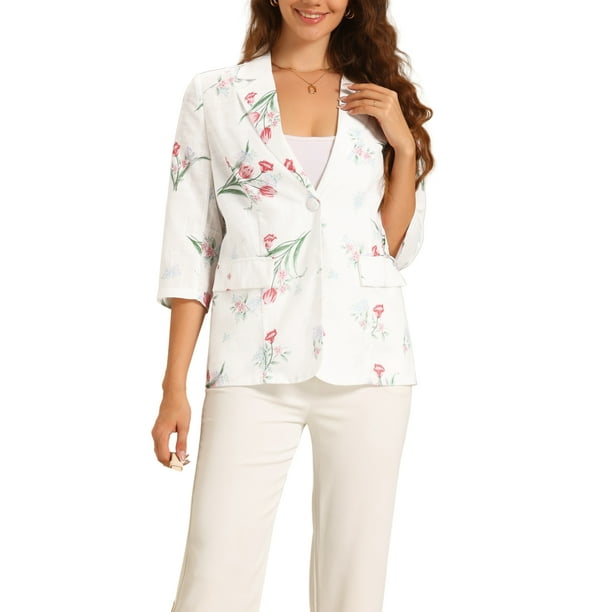 Blazer Floral INSPIRE CHIC para Mujeres con Mangas 3/4, Solapa Notch, Ligero, Casual, Chaqueta S Blanca
