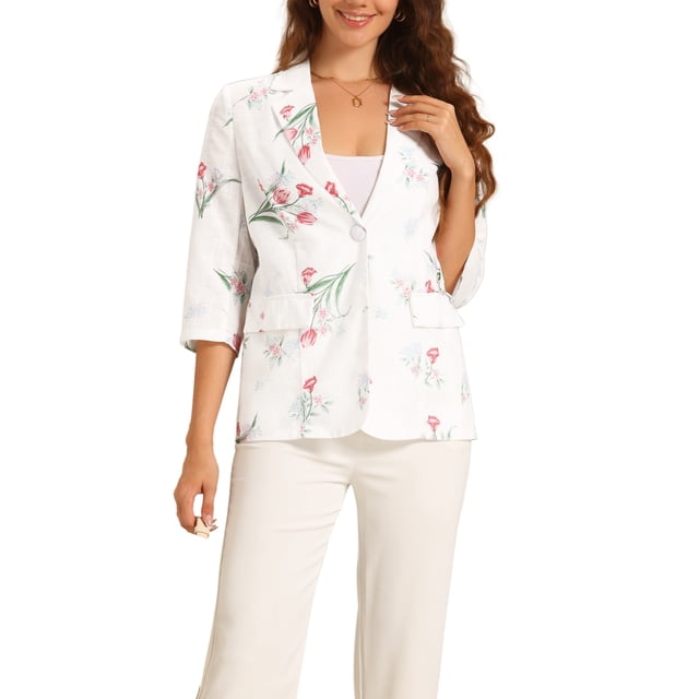 Blazer Floral Inspire Chic para Mujer con Mangas 3/4, Solapa Notch, Ligero y Casual, Talla XS, Blanco