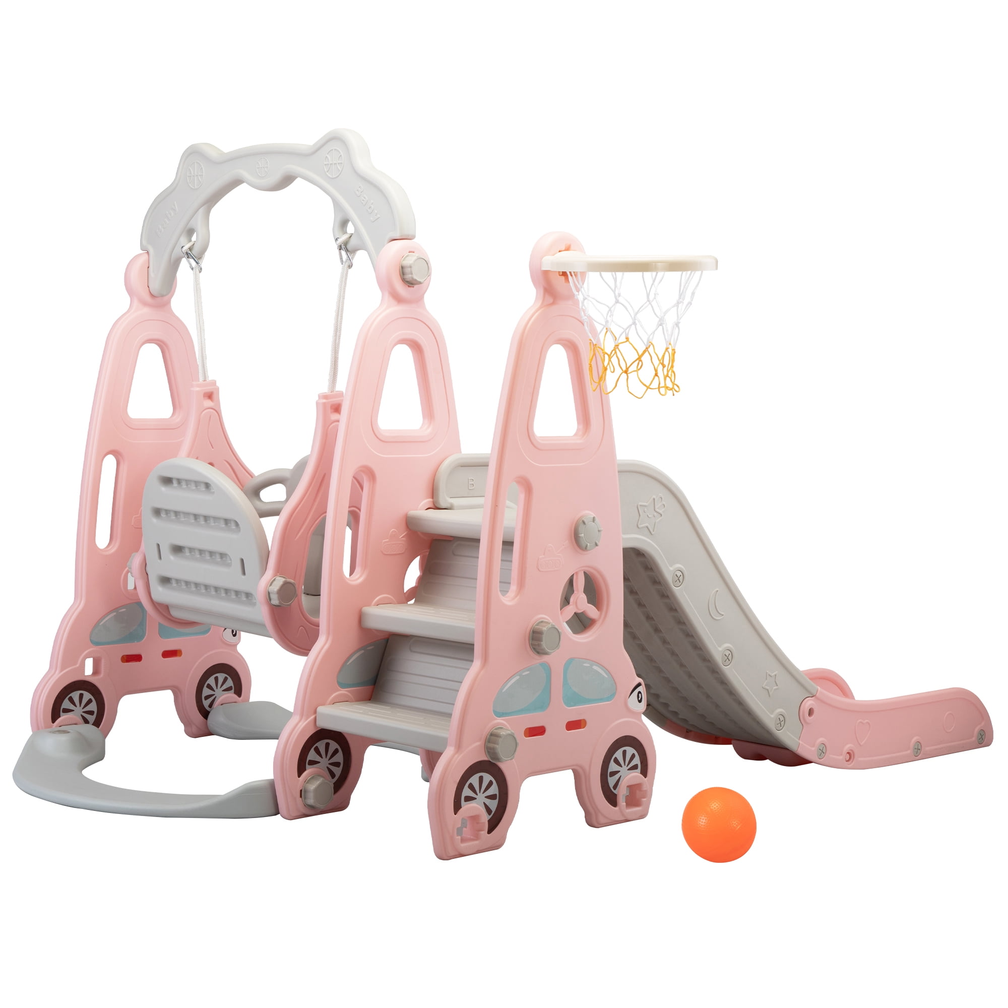 Kepooman 3 in 1 Toddler Slide, Swing Set with Basketball Hoop for Boy and Girl, Pink Gray Kepooman 3 in 1 Toddler Slide, Swing Set with Basketball Hoop for Boy and Girl, Pink Gray