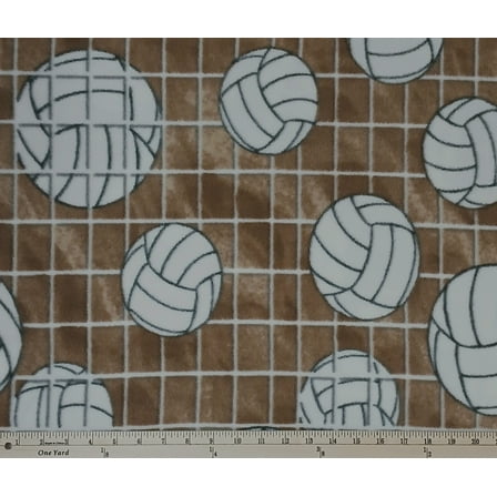 Fleece Volleyballs on Net Brown Sports Fleece Fabric Print by the Yard (6216S-10H)