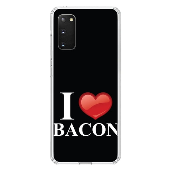 DistinctInk Clear Shockproof Hybrid Case for Galaxy S20 ULTRA / 5G (6.9" Screen) - TPU Bumper, Acrylic Back, Tempered Glass Screen Protector - Black White Red I Heart Bacon - Bacon
