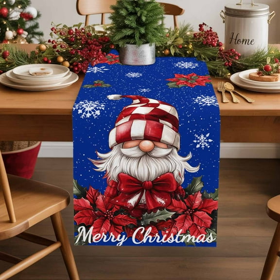 Burlap Table Runner 36 Inches Long,Red Poinsettia Christmas Gnome Floral Non-Slip Kitchen Table Runners for Dining Room Everyday Use Party Table Decorations White Snowflakes on Navy