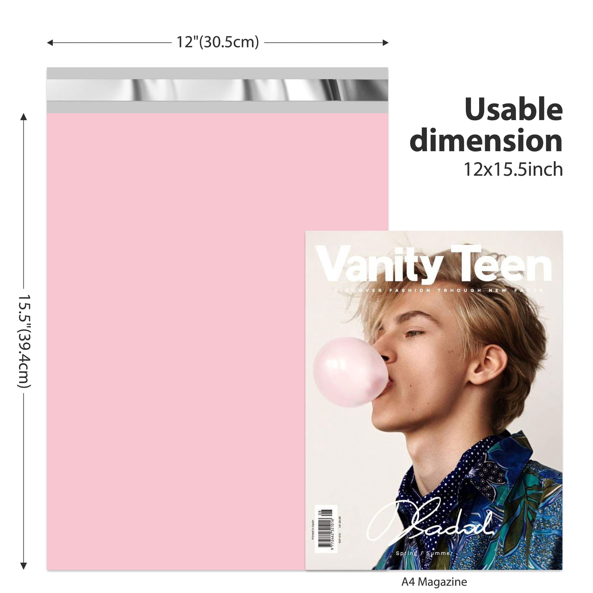 12x15.5 Inch Poly Mailers 500 Pack, Strong Adhesive Shipping Bags for Small Business, Waterproof Mailing Envelopes for Clothes Books Accessories, Light Pink