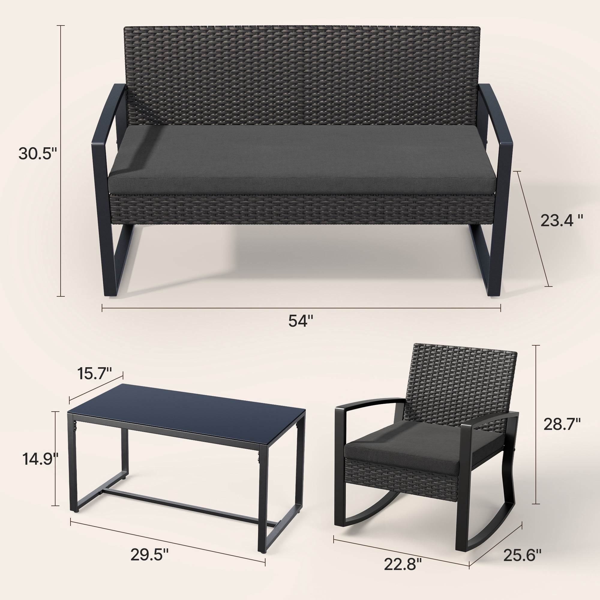 Patio Furniture Set on Sale, Outdoor Rattan Wicker Rocking Chair with Coffee Table for Backyard, Poolside, Porch, Gray