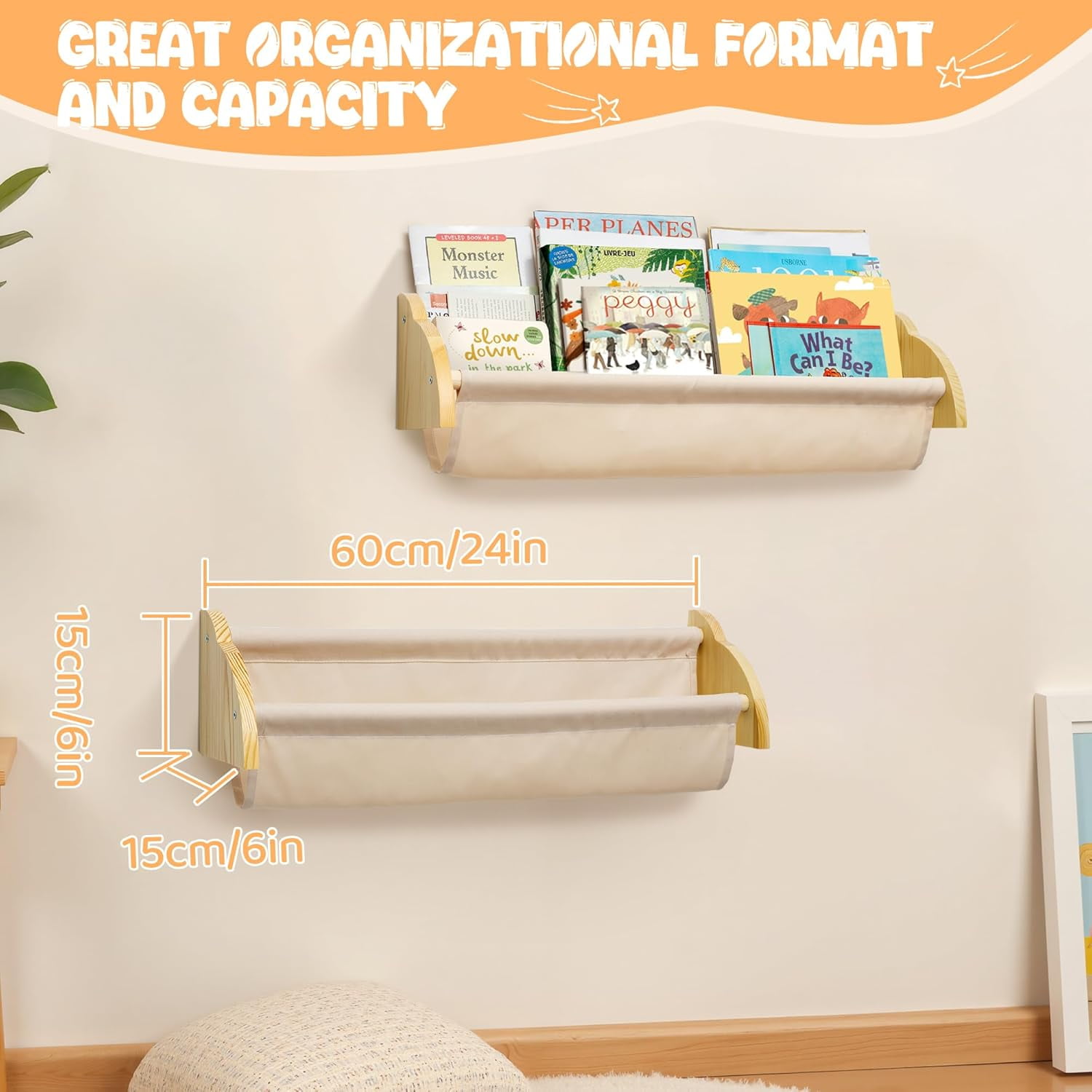 Sumgar Nursery Book Shelves for Kids Rooms Floating Shelf for Wall Mount Book Storage Wooden Organizer Rack for Toddler Baby Childrens Bedroom Playroom, Canvas Set of 2, Home Decor Gift for Christmas
