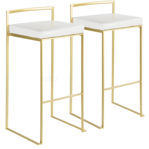 Gold and White Bar Stools Set of 2, Faux Leather Upholstered Stackable Counter Stools