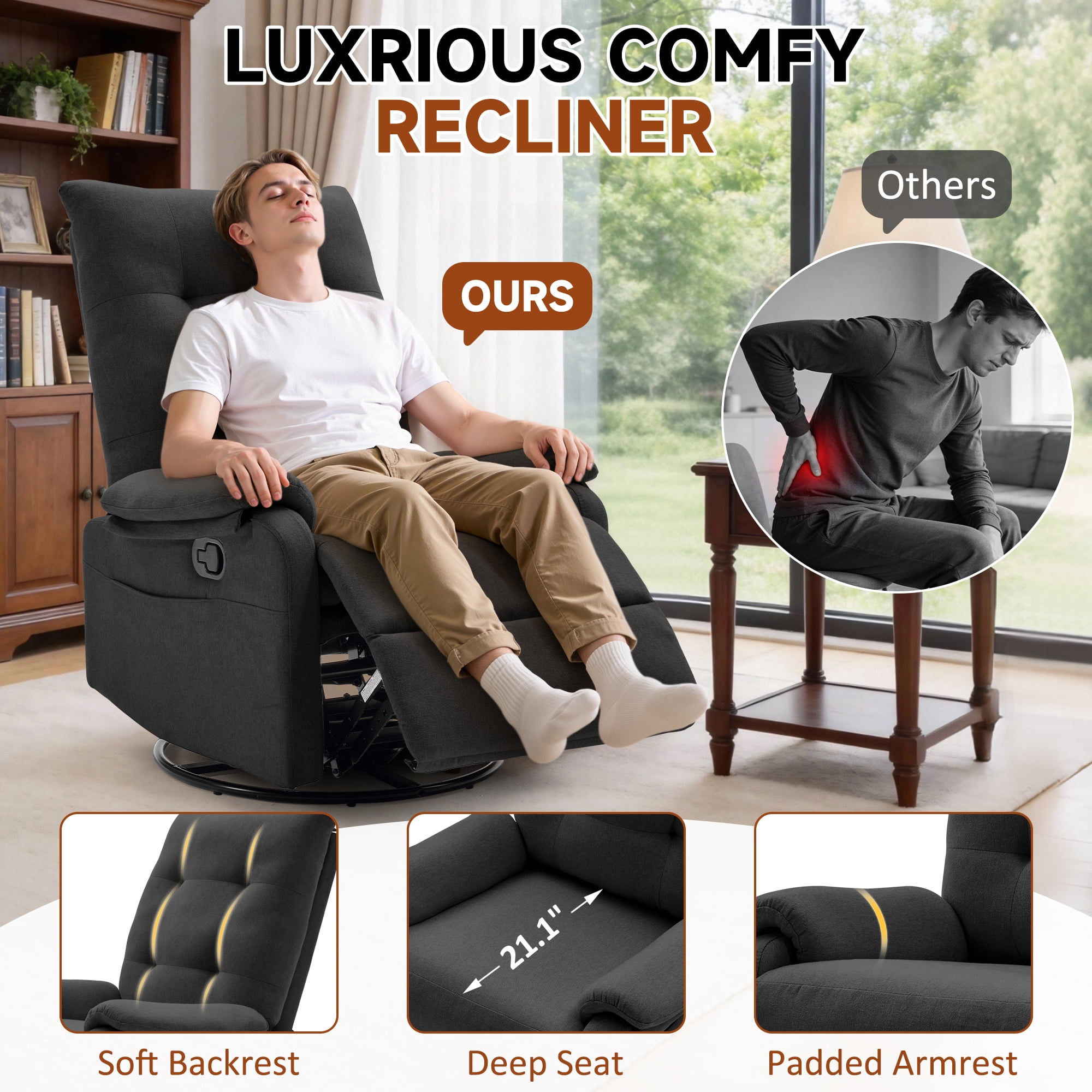 GEEYOO 360°Swivel Rocker Recliner Chair for Adults with Side Pockets,Small Recliner Chair for Small Spaces,Modern Swivel Glider Recliner for Living Room,Linen,Black