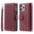 thumbnail image 2 of SaniMore for iPhone 14 Pro (6.1" 2022) Wallet Case with Wrist/Crossbody Lanyard, 3D Lattice PU Leather Flip Kickstand Zipper Purse & Card Slots Magnetic Clasp Shockproof TPU Shell Anti-drop - Winered, 2 of 9