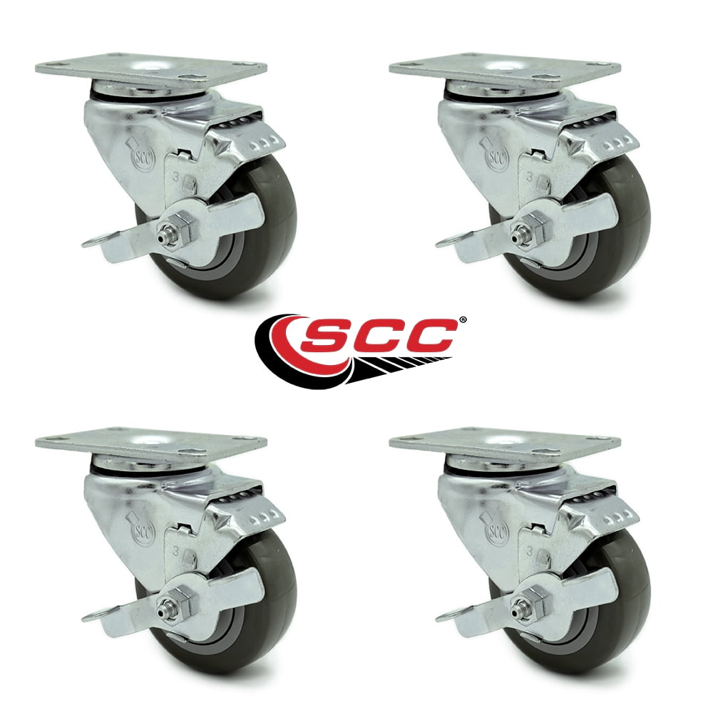 3 Inch Gray Polyurethane Wheel Swivel Top Plate Caster Set with Brake SCC