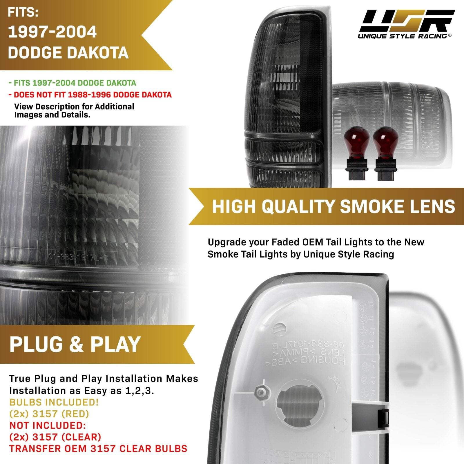 1998-2004 Dodge Dakota Pickup Smoke Lens Tail Lights