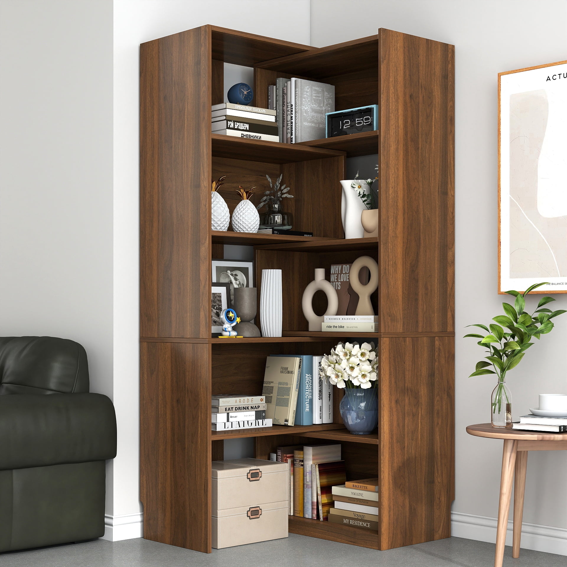63"Tall Modular Bookshelf, 5-Tier Staggered Open Shelf Bookcase, Asymmetric Storage Display Rack