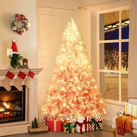 6ft Pre-Lit Pink Christmas Tree, Artificial Xmas Pine Tree, Holiday Party Decoration for Home Office, with 250 Full Prelighted Warm White LED Lights, Foldable Base, Easy Assembly