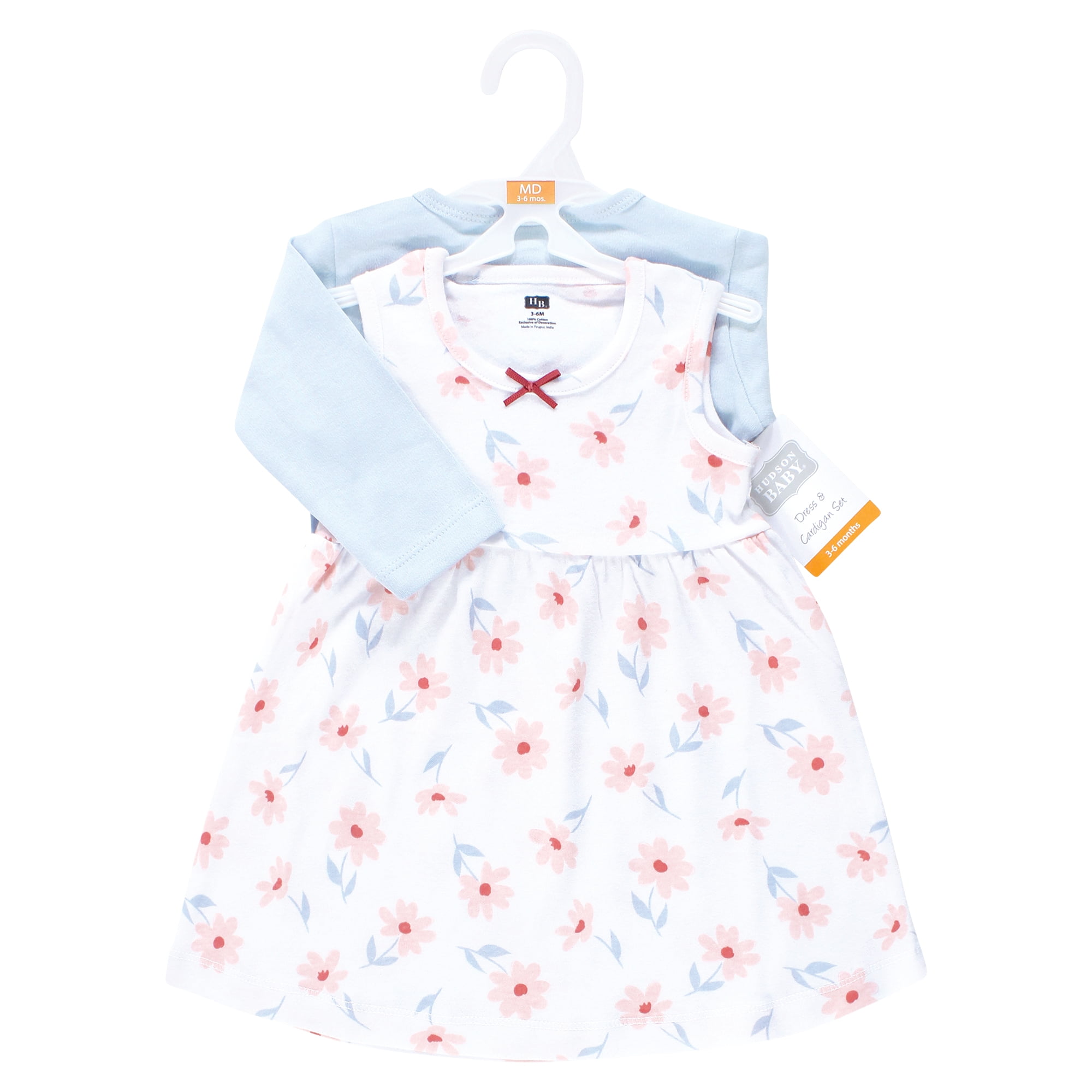 Hudson Baby Infant and Toddler Girls Cotton Dress and Cardigan Set, Pink Blue Flower, 4T