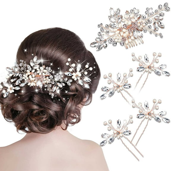 5 Pieces Wedding Hair Comb Bridal Hair Pins Crystal Pearl Hair Accessories Rhinestone Flower Hair Piece for Wedding Bride Women(Gold,Classic Style)