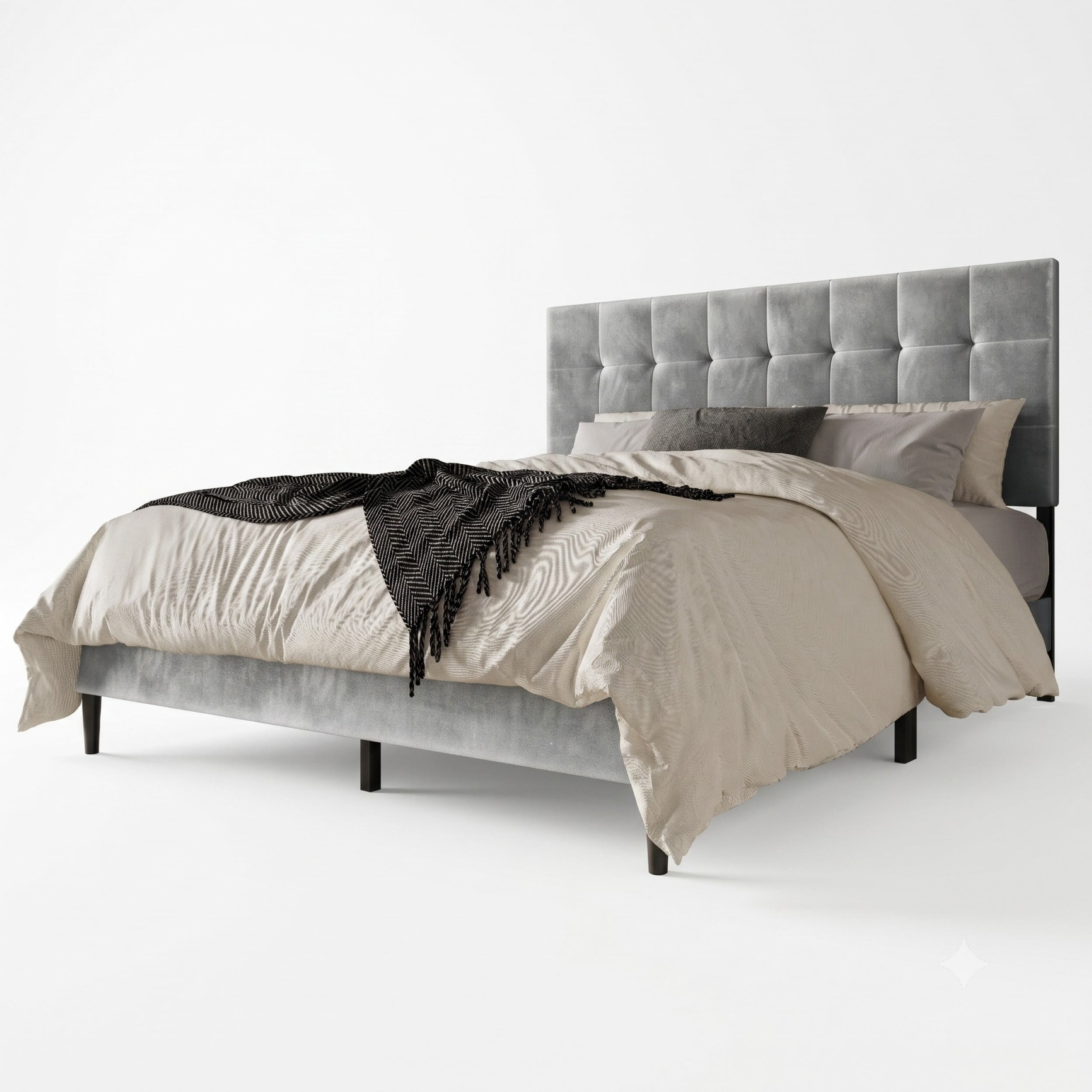 Home Design Marion Full Tufted Upholstered Platform Bed Frame with Tufted Headboard and Plush Padding, Silver Gray, Easy Assembly