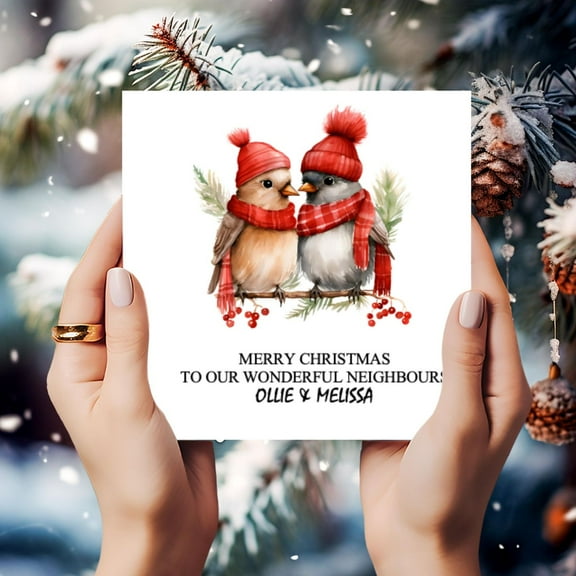 Cute Christmas Card for Neighbors – Festive Lovebirds Design – Personalized Message Option – Perfect Holiday Greeting for Friends and Family