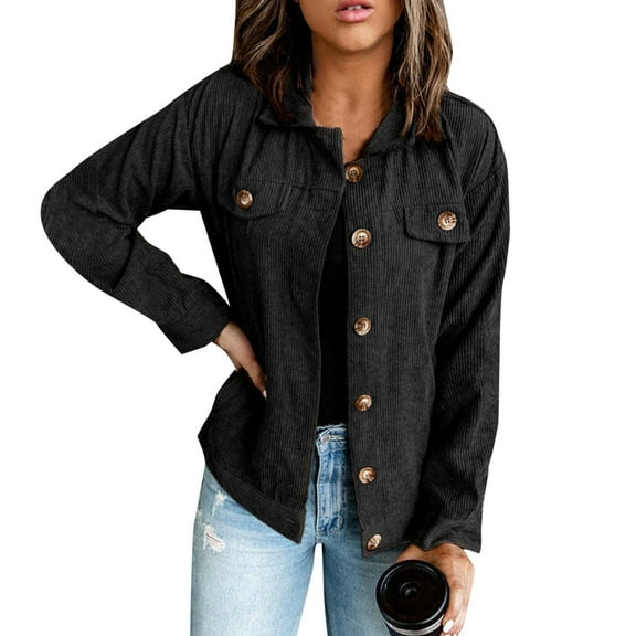 Fashion Women Corduroy Jacket Turn Down Collar Long Sleeve Pockets Button Up Coat