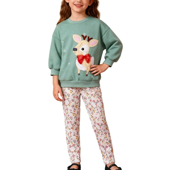 DHFJKG Kids Girl Christmas Clothes Outfits Reindeer Design Crew Neck Long Sleeve Sweatshirt With Floral Pants Outfit For 2-8 Years 2 Piece Xmas Versatile Sets