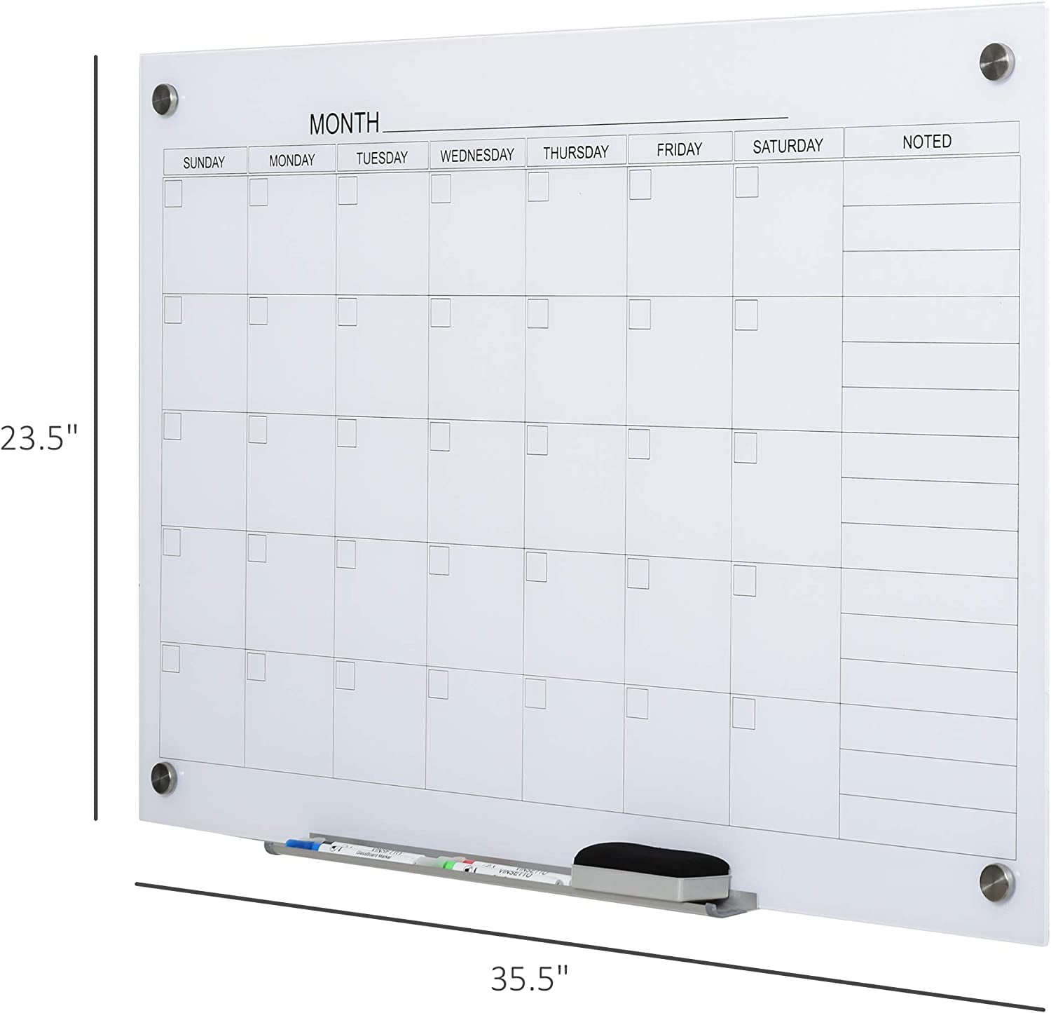 FeGemax 35"x23" Dry Erase Wall Calendar Glass Whiteboard Monthly Planner for Homeschool Supplies & Home Office Organization with 4 Markers and 1 Eraser,Frameless