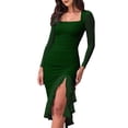 thumbnail image 3 of Women'S Ruched Bodycon Midi Dresses Elegant Mesh Long Sleeve Square Neck Ruffle Hem Cocktail Party Dress Dark Green S, 3 of 8