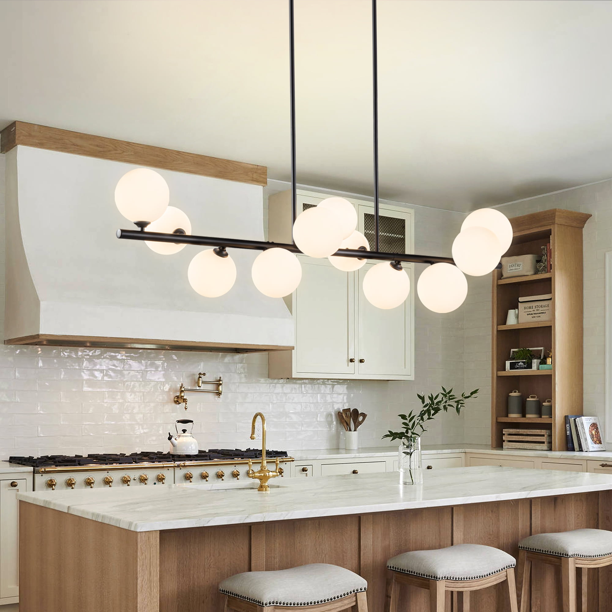 Uznhty Chandeliers for Dining Room Light Fixture with White Glass Globe,11-Lights Linear Chandelier 51 Inch Sputnik Chandelier for Kitchen Island Black Adjustable Hanging