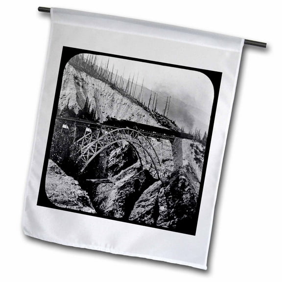 3dRose, Train Crossing Arched Bridge Magic Lantern Slide Grayscale 2, 12 x 18 inch Garden Flag