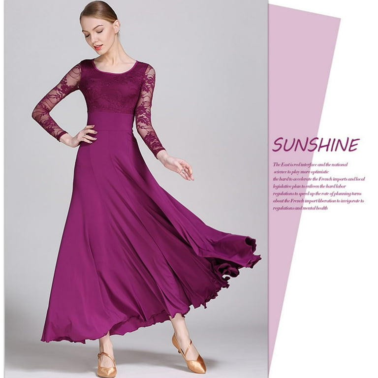 Women's Ballroom Dance Dress Lace - sleeved, long swing skirt For  professional competition, Modern Waltz, Cha Cha