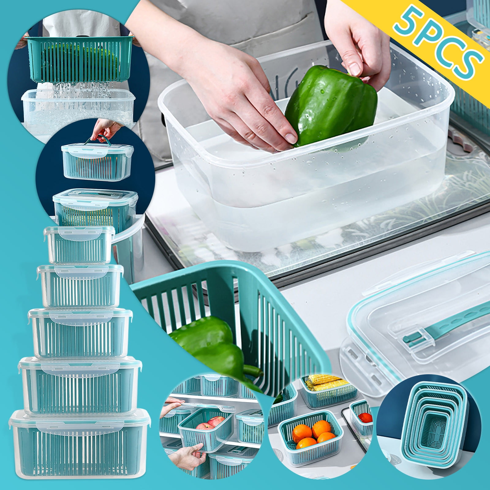 OAVQHLG3B 5 Pack Plastic Food Storage Containers, Fresh Vegetable Fruit Storage Containers for Refrigerator, Kitchen Produce Container with a Draining Basket, BPA Free