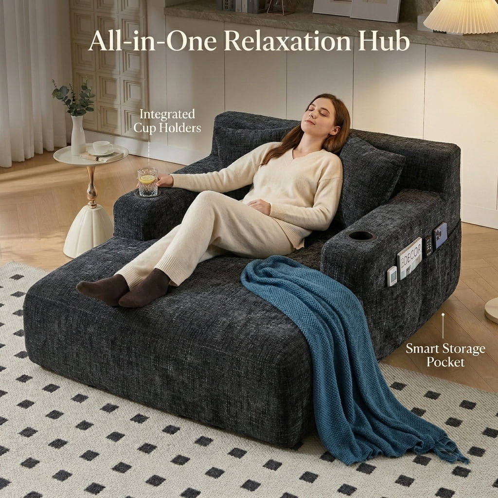 MOONMISS Chenille Chaise Lounge Chair Indoor, Single Sleeper Sofa Chair with Pillows & Cup Holders, Comfy Compression Sofa Bed for Living Room, Bedroom