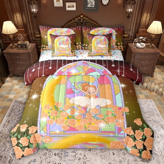 Feelyou Magic Girl Princess Twin Bedding Sets 7-Piece, Dreamy Fairy Tale Bedding Comforter Set, Orange Rose Flower Reversible Sheet Sets, Super Cozy Room Decor