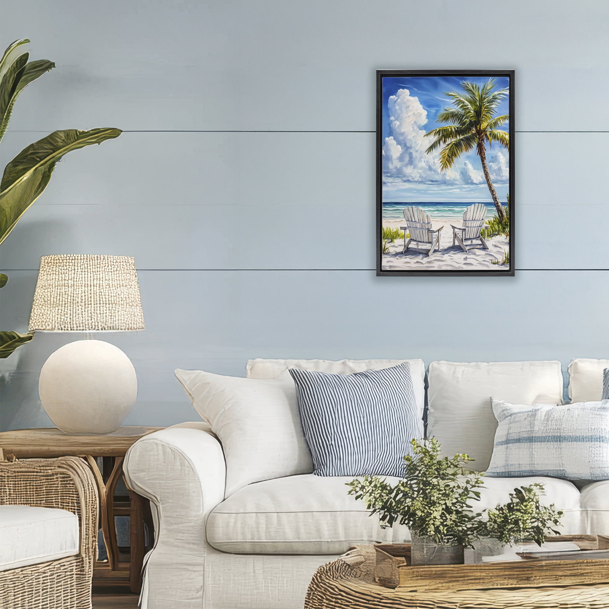 Stupell Industries Clouded Beach with Looming Palm Black Framed Floater Canvas Wall Art, design by Petal Prints Design