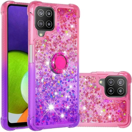 for Samsung Galaxy A22 4G (NOT 5G) Case w/Ring Holder,Samsung Galaxy M32 Clear Gradient Quicksand Glitter Flowing Liquid Floating Phone Case TPU Cover for Samsung Galaxy A22 4G JB Pink Mauve