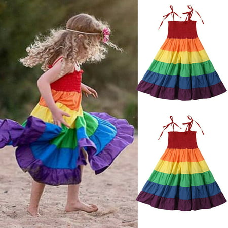 Summer Toddler Baby Girls Clothes Strap Princess Party Dress Rainbow Sundress