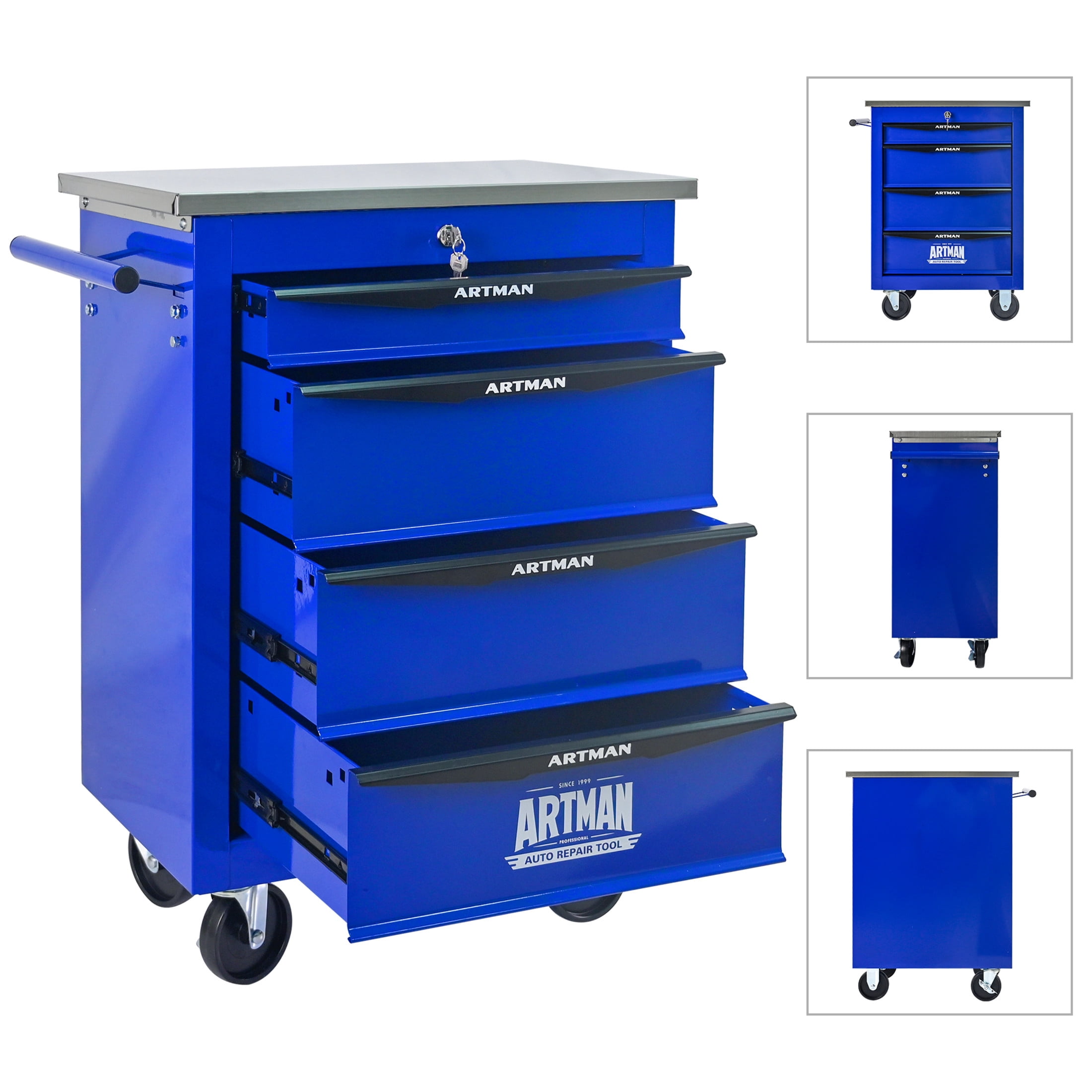 Noble House 4-Drawer Rolling Tool Organizer Cart, Steel Mobile Chest Storage with Worktop for Garage Workshop, Blue