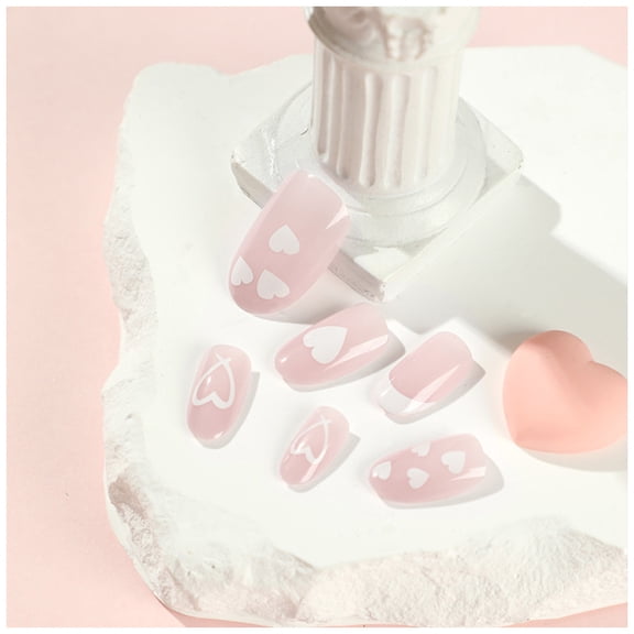 Mid-length Heart Patterns Manicure Full Cover Natural Medium Length Nails for Home Daily Nail Art Salon Glue Models