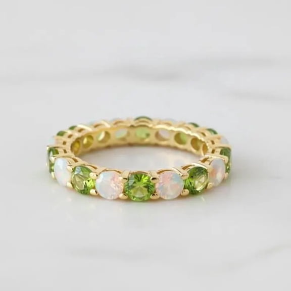 Natural Opal & Peridot Alternative Full Eternity Ring, Peridot Engagement Ring, Anniversary Gift For Her, Stackable Ring, October Birthstone Ring, Minimalist Ring, Daily Wear Ring
