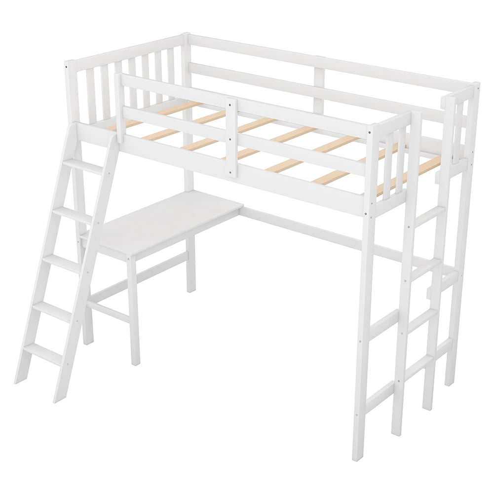 Kadyn Wood Loft Bed with Desk and Two Ladders, Twin Size Bunk Bed(White) Kadyn Wood Loft Bed with Desk and Two Ladders, Twin Size Bunk Bed(White)