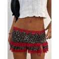 thumbnail image 3 of Women Y2K Lace Mini Skirt Low Rise Leopard Half Slip Skirt Contrast Ruffle Flowy Mesh Short Skirt Underskirt Red, 3 of 5