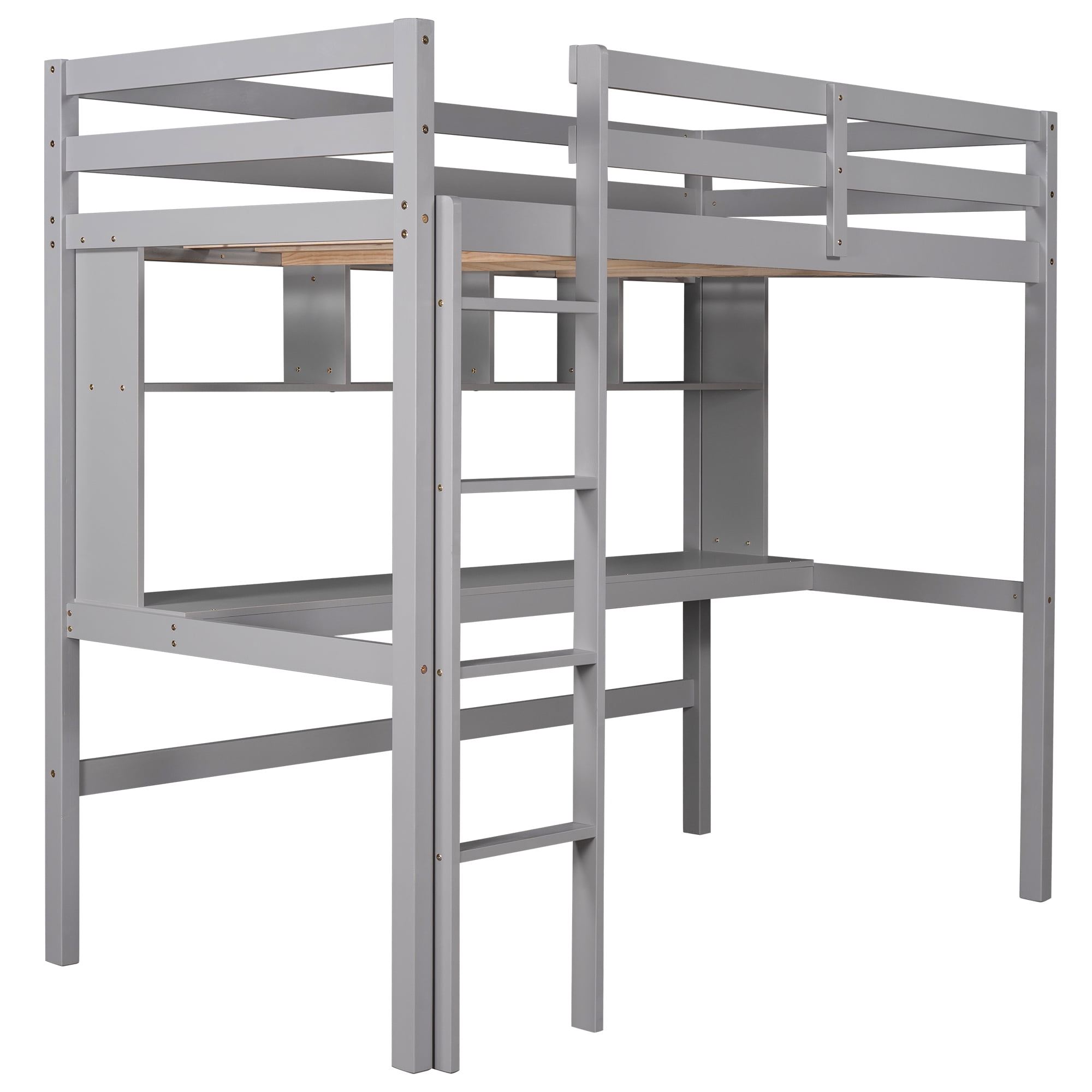 Aukfa Twin Loft Bed with Desk and 4 Shelves, Wood Bed Frame for Kids Teens and Dorm - Gray