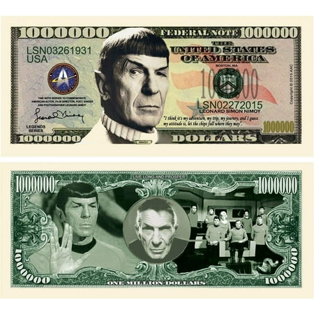 5 Leonard Nimoy Star Trek Million Dollar Bills with Bonus “Thanks a Million” Gift Card