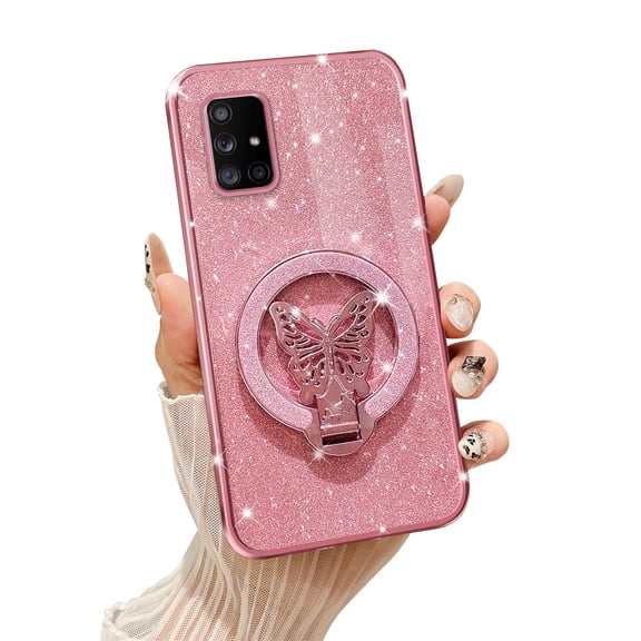 Fyxkocm Phone Case for Samsung Galaxy A71 5G [Compatible with Magsafe] with Butterfly Kickstand & Lanyard Soft TPU Bling Clear Shockproof Protection Cover for Galaxy A71 5G Case, Rose Gold
