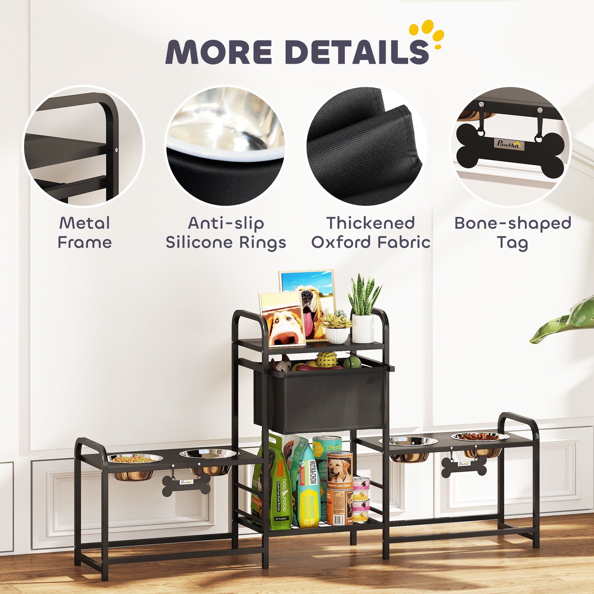 Dog Bowl Stand with 2 Feeding Stations, 3 Height Adjustable Elevated Dog Bowls with Toy Bin Basket, Lifted Food and Water Bowl, Black