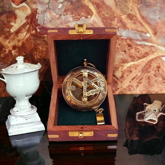 Vintage Brass Sundial Compass with Leather Case - Antique Brass & Copper Sun Clock for Camping, Hiking, Touring - Engraved Gift for Him - Nautical Ship Replica Watch - Sundial Clock in Box