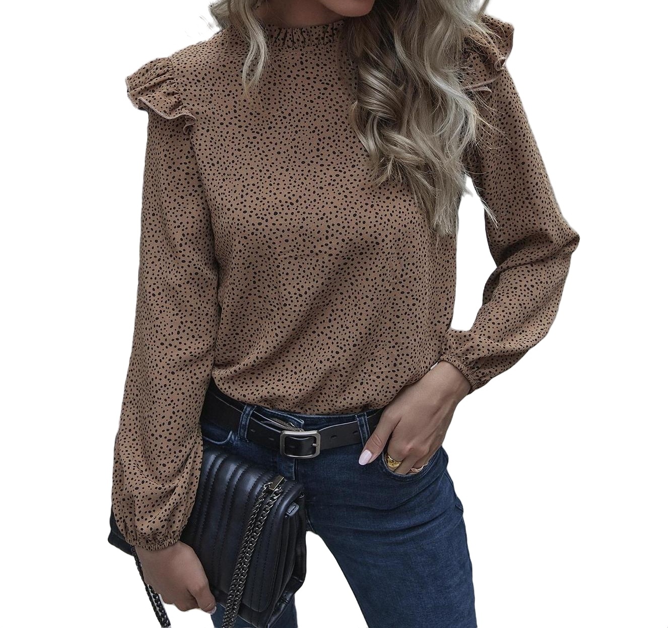 Women's Blouses All Over Print Stand Collar Blouse Khaki M