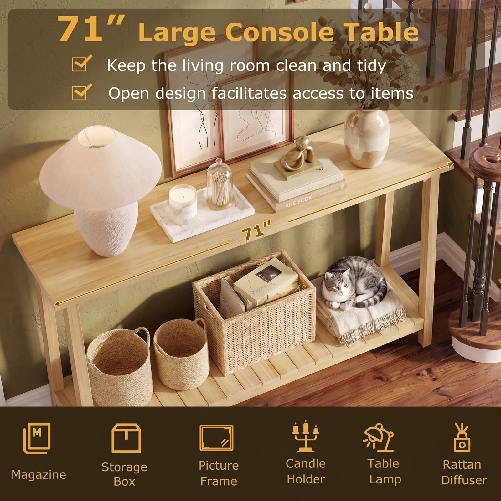 Furnibear 2-Tier Farmhouse Sofa Table with Solid Teak Wood Frame and Open Storage Shelf for Living Room and Entryway, Natural